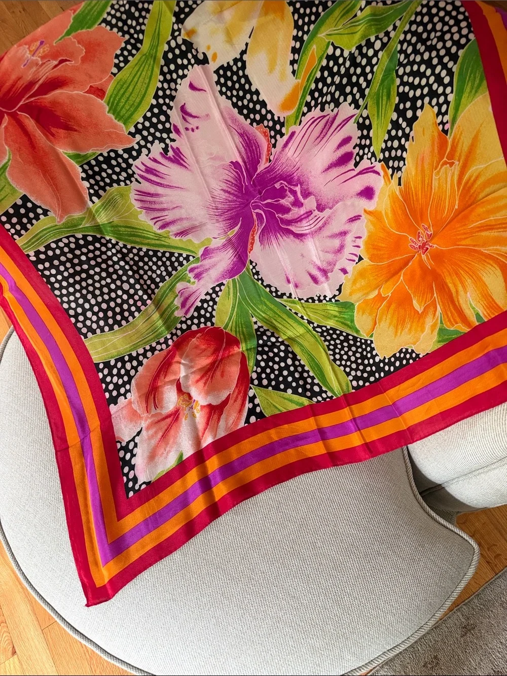 Vintage Vibrant Tropical Floral & Polka Dot Silk Square Scarf